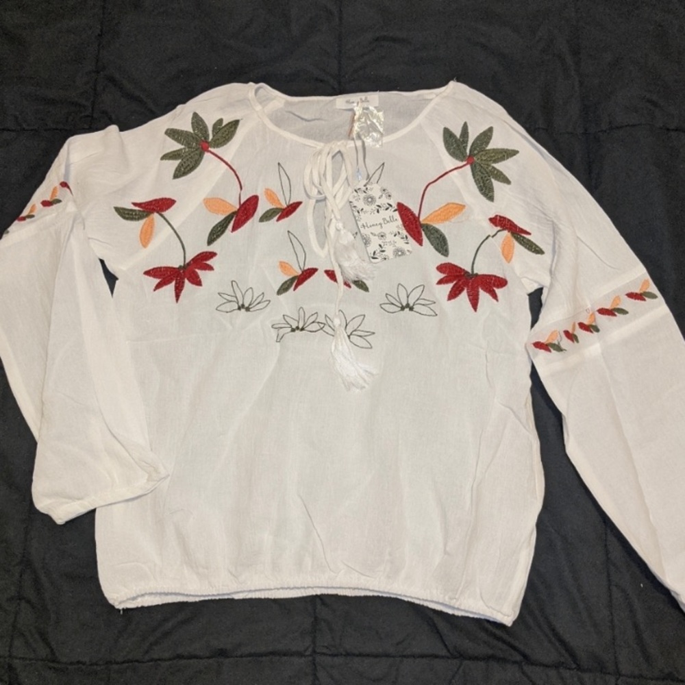 Honey Belle Large Embroidered Boho Long Sleeve Top